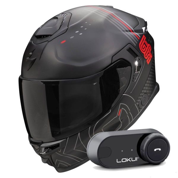 Casque Integral Scorpion Exo GT SP Air Techlane Black Mat Grey Red + Kit Bluetooth Lokui K30