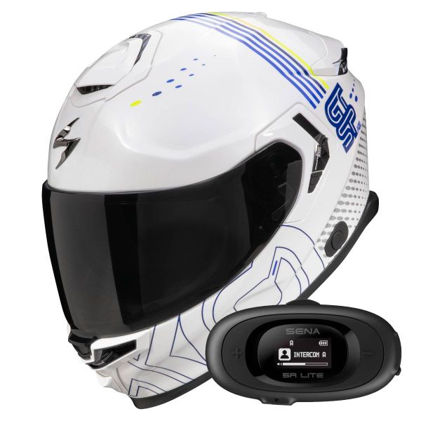 Casque Integral Scorpion Exo GT SP Air Techlane White Blue Yellow fluo + Kit bluetooth 5R Lite
