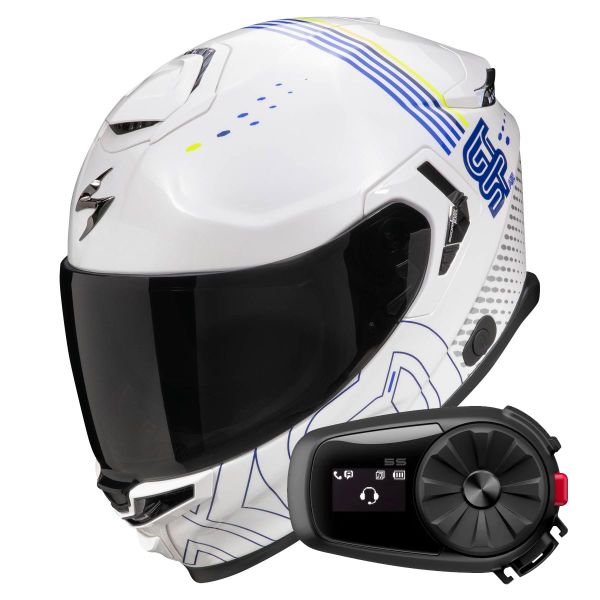 Casque Integral Scorpion Exo GT SP Air Techlane White Blue Yellow fluo + Kit Bluetooth 5S Solo
