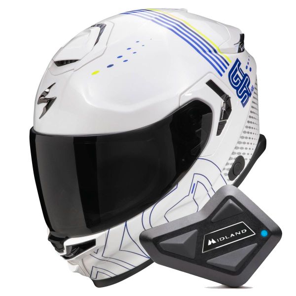 Casque Integral Scorpion Exo GT SP Air Techlane White Blue Yellow fluo + Kit Bluetooth BT Mini