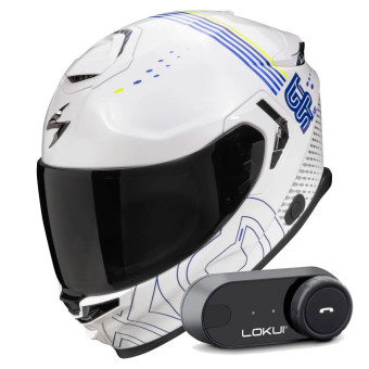 Casque Integral Scorpion Exo GT SP Air Techlane White Blue Yellow fluo + Kit Bluetooth Lokui K30