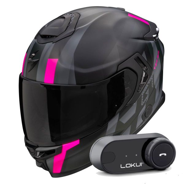 Casque Integral Scorpion Exo GT SP Air Touradven Black Mat Pink + Kit Bluetooth Lokui K30
