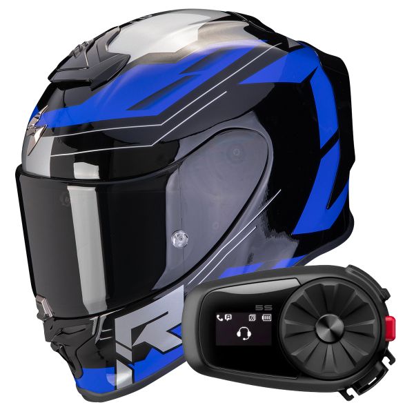 Casque Integral Scorpion Exo R1 Evo Air Blaze Black Blue + Kit Bluetooth 5S Solo