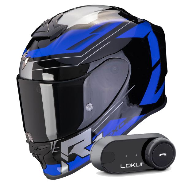 Casque Integral Scorpion Exo R1 Evo Air Blaze Black Blue + Kit Bluetooth Lokui K30