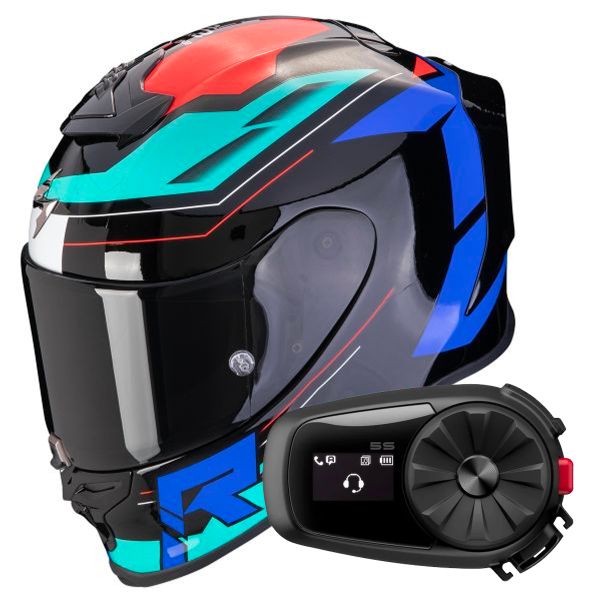 Casque Integral Scorpion Exo R1 Evo Air Blaze Black Blue Red + Kit Bluetooth 5S Solo