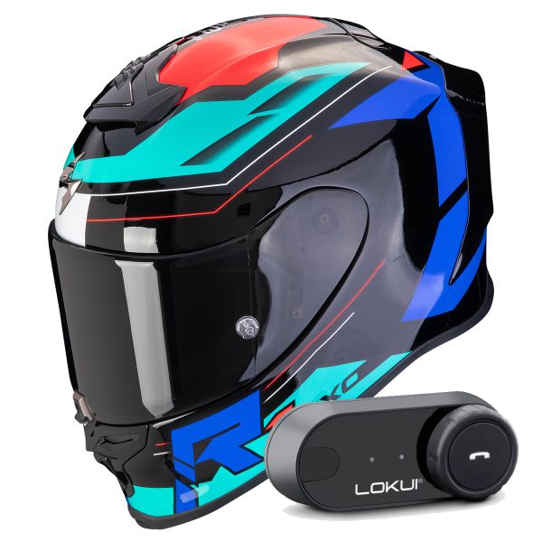 Casque Integral Scorpion Exo R1 Evo Air Blaze Black Blue Red + Kit Bluetooth Lokui K30