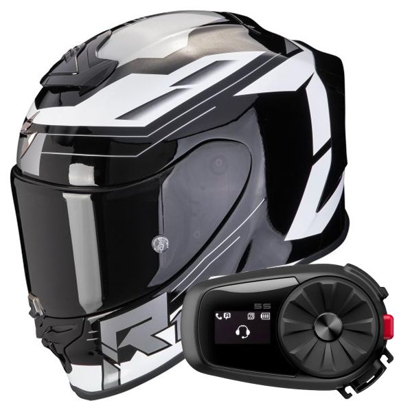Casque Integral Scorpion Exo R1 Evo Air Blaze Black White + Kit Bluetooth 5S Solo