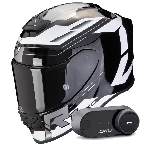 Casque Integral Scorpion Exo R1 Evo Air Blaze Black White + Kit Bluetooth Lokui K30