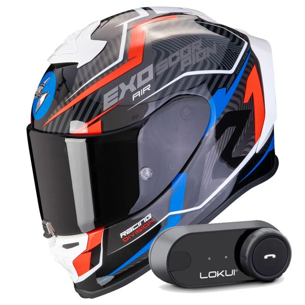 Casque Integral Scorpion Exo R1 Evo Air Coup Black Red Blue + Kit Bluetooth Lokui K30