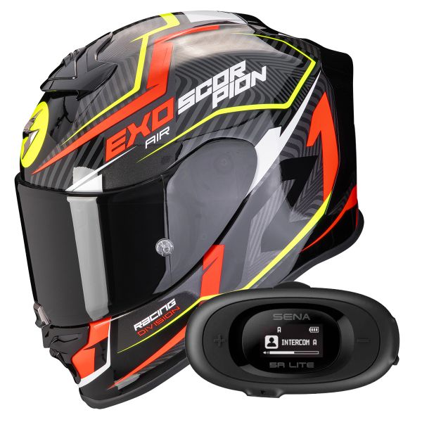 Casque Integral Scorpion Exo R1 Evo Air Coup Black Red Yellow Fluo + Kit bluetooth 5R Lite Solo