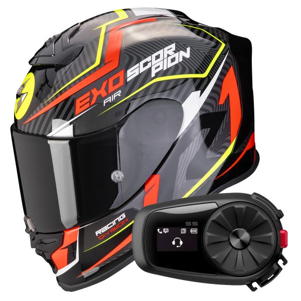 Casque Integral Scorpion Exo R1 Evo Air Coup Black Red Yellow Fluo + Kit Bluetooth 5S Solo