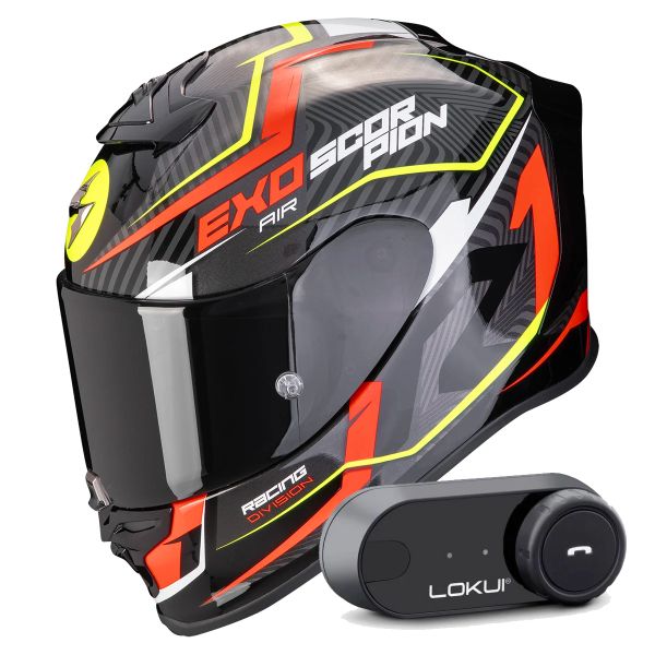 Casque Integral Scorpion Exo R1 Evo Air Coup Black Red Yellow Fluo + Kit Bluetooth Lokui K30