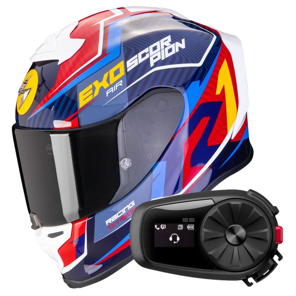 Casque Integral Scorpion Exo R1 Evo Air Coup Blue Red Yellow + Kit Bluetooth 5S Solo