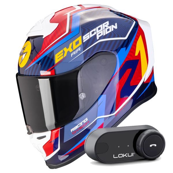 Casque Integral Scorpion Exo R1 Evo Air Coup Blue Red Yellow + Kit Bluetooth Lokui K30