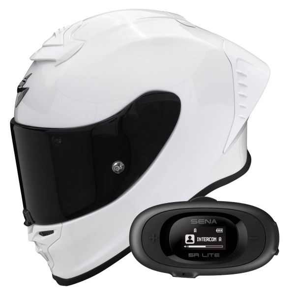 Casque Integral Scorpion Exo R1 Evo Air FIM Racing Solid Pearl White + Kit bluetooth 5R Lite Solo