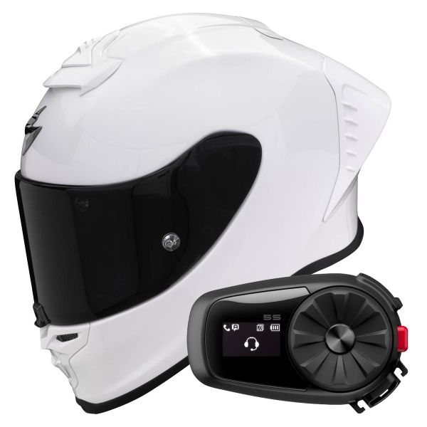 Casque Integral Scorpion Exo R1 Evo Air FIM Racing Solid Pearl White + Kit Bluetooth 5S Solo