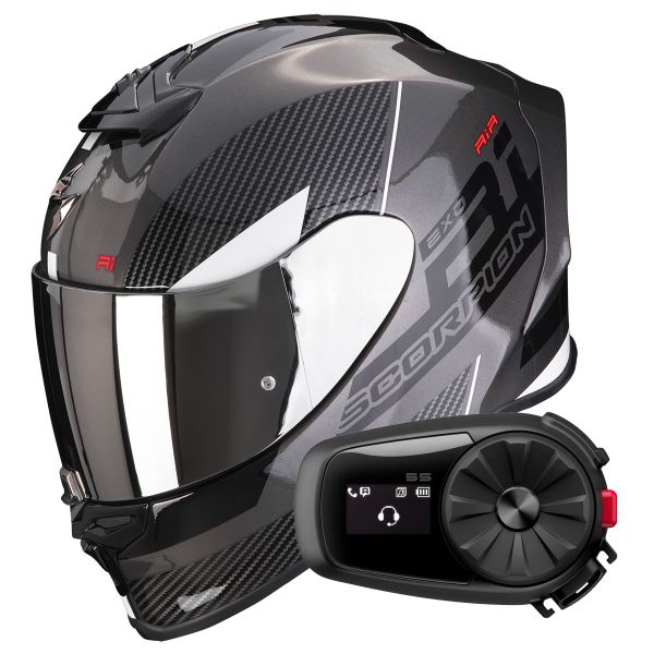 Casque Integral Scorpion Exo R1 Evo Air Final Dark Silver Black White + Kit bluetooth 5R Lite