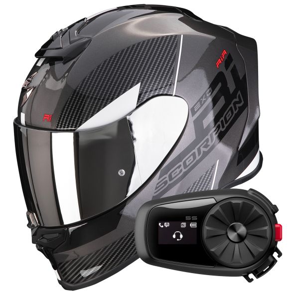 Casque Integral Scorpion Exo R1 Evo Air Final Dark Silver Black White + Kit Bluetooth 5S