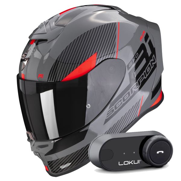 Casque Integral Scorpion Exo R1 Evo Air Final Grey Black Red + Kit Bluetooth Lokui K30
