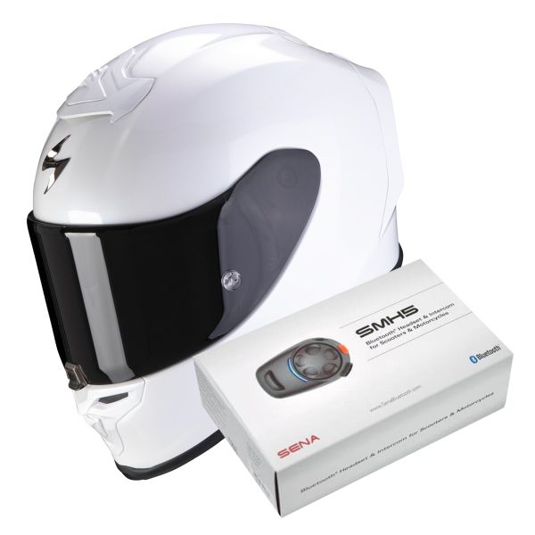 Casque Integral Scorpion Exo R1 Evo Air Solid Pearl White + Intercom Sena SMH5