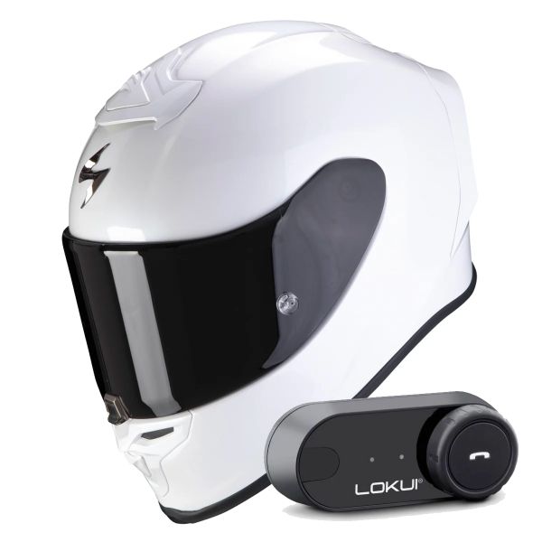 Casque Integral Scorpion Exo R1 Evo Air Solid Pearl White + Kit Bluetooth Lokui K30