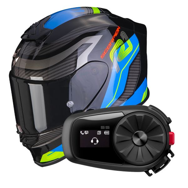 Casque Integral Scorpion Exo R1 Evo Air Vatis Black Blue + Intercom Sena 5S