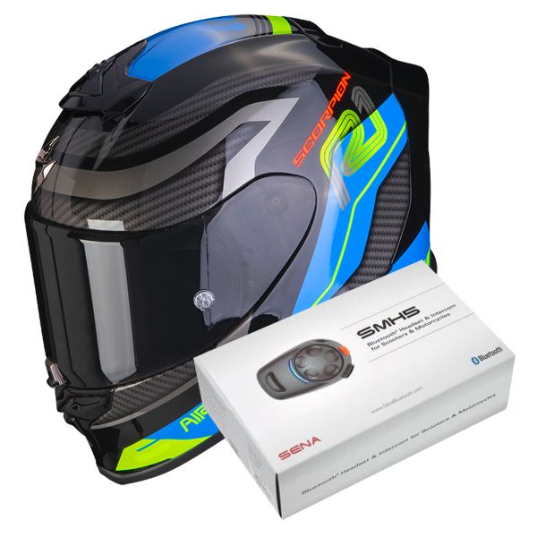 Casque Integral Scorpion Exo R1 Evo Air Vatis Black Blue + Intercom Sena SMH5
