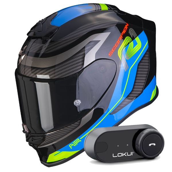Casque Integral Scorpion Exo R1 Evo Air Vatis Black Blue + Kit Bluetooth Lokui K30