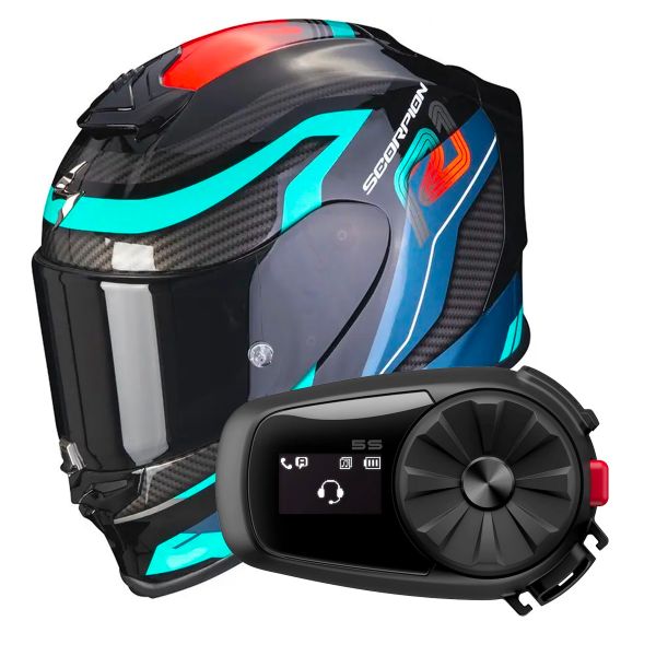 Casque Integral Scorpion Exo R1 Evo Air Vatis Black Blue Red + Intercom Sena 5S