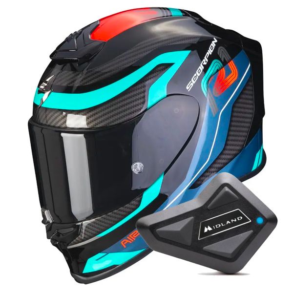 Casque Integral Scorpion Exo R1 Evo Air Vatis Black Blue Red + Kit Bluetooth BT Mini