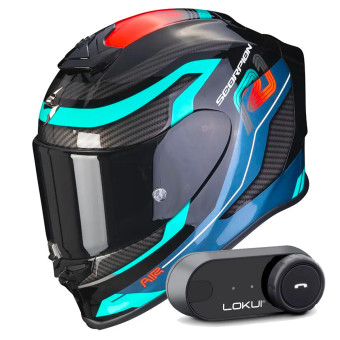 Casque Integral Scorpion Exo R1 Evo Air Vatis Black Blue Red + Kit Bluetooth Lokui K30