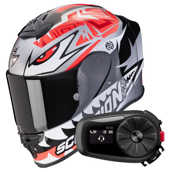 Casque Integral Scorpion Exo R1 Evo Air Zaccone Silver Black Red + Kit Bluetooth 5S Solo