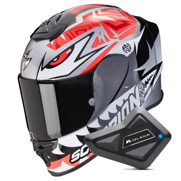 Casque Integral Scorpion Exo R1 Evo Air Zaccone Silver Black Red + Kit Bluetooth BT Mini