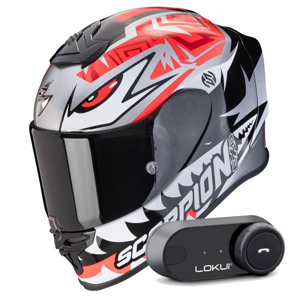 Casque Integral Scorpion Exo R1 Evo Air Zaccone Silver Black Red + Kit Bluetooth Lokui K30