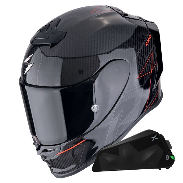 Casque Integral Scorpion Exo R1 Evo Carbon Air Cynergy Black Red + Kit bluetooth Exo-Com Link-1C