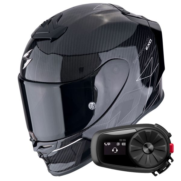 Casque Integral Scorpion Exo R1 Evo Carbon Air Cynergy Black White + Kit Bluetooth 5S Solo Casque Integral Scorpion Exo R1 Evo Carbon Air Cynergy Black White + Kit Bluetooth 5S Solo