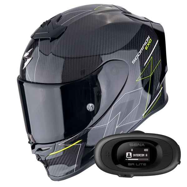 Casque Integral Scorpion Exo R1 Evo Carbon Air Cynergy Black Yellow Fluo + Kit bluetooth 5R Lite Casque Integral Scorpion Exo R1 Evo Carbon Air Cynergy Black Yellow Fluo + Kit bluetooth 5R Lite