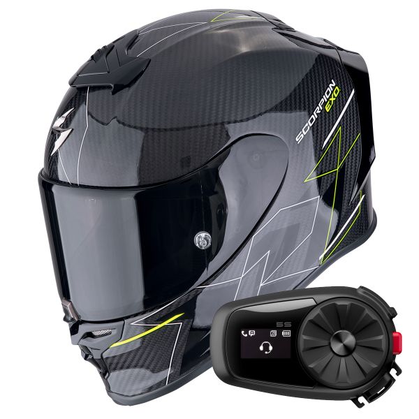 Casque Integral Scorpion Exo R1 Evo Carbon Air Cynergy Black Yellow Fluo + Kit Bluetooth 5S Solo Casque Integral Scorpion Exo R1 Evo Carbon Air Cynergy Black Yellow Fluo + Kit Bluetooth 5S Solo