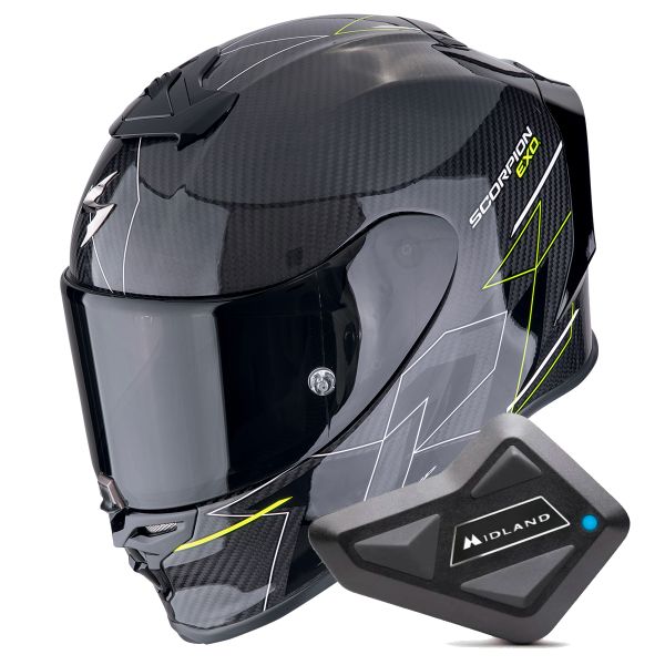 Casque Integral Scorpion Exo R1 Evo Carbon Air Cynergy Black Yellow Fluo + Kit Bluetooth BT Mini Casque Integral Scorpion Exo R1 Evo Carbon Air Cynergy Black Yellow Fluo + Kit Bluetooth BT Mini