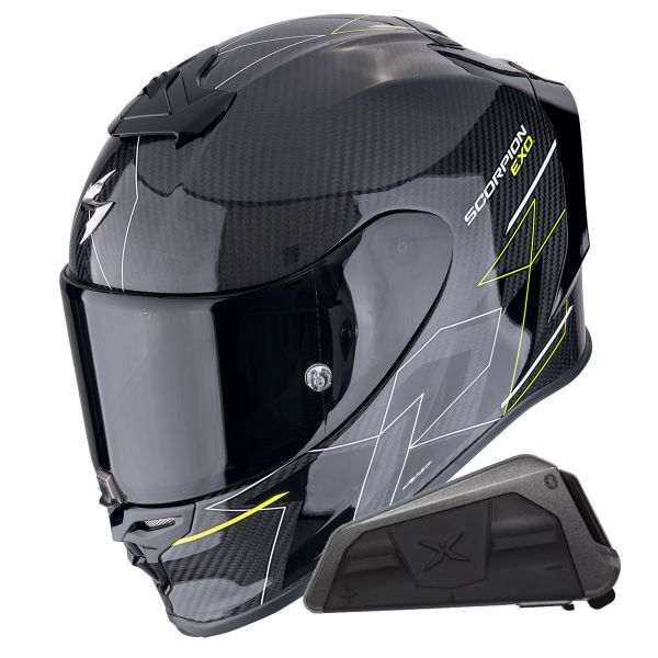 Casque Integral Scorpion Exo R1 Evo Carbon Air Cynergy Yellow Fluo + Kit bluetooth Exo-Com Link-1 Casque Integral Scorpion Exo R1 Evo Carbon Air Cynergy Yellow Fluo + Kit bluetooth Exo-Com Link-1