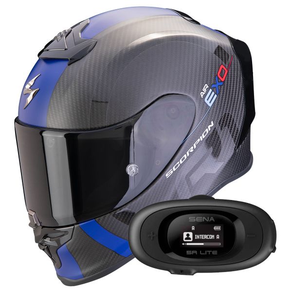 Casque Integral Scorpion Exo R1 Evo Carbon Air MG Matt Black Blue + Kit bluetooth 5R Lite Solo