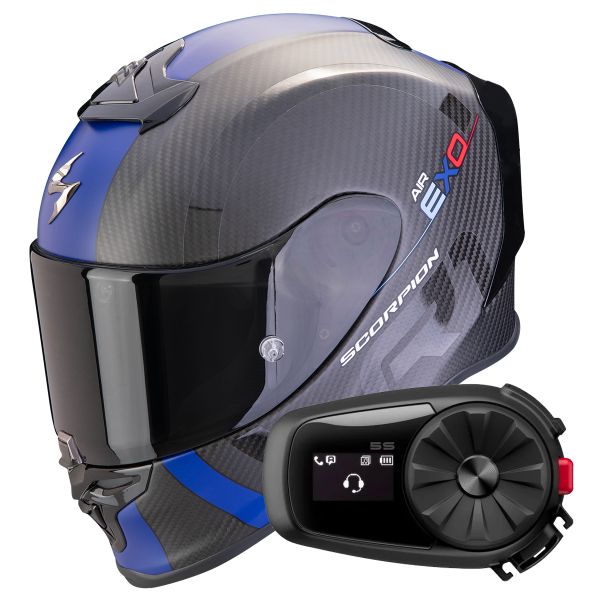 Casque Integral Scorpion Exo R1 Evo Carbon Air MG Matt Black Blue + Kit Bluetooth 5S Solo