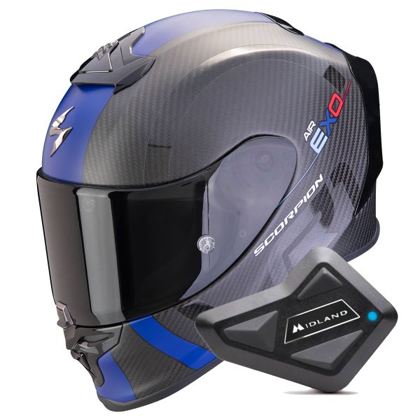Casque Integral Scorpion Exo R1 Evo Carbon Air MG Matt Black Blue + Kit Bluetooth BT Mini