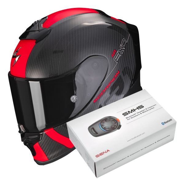 Casque Integral Scorpion Exo R1 Evo Carbon Air MG Matt Black Red + Intercom Sena SMH5