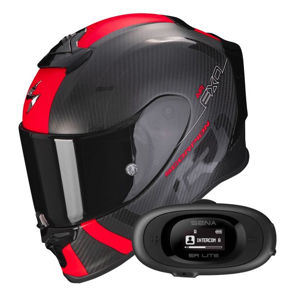 Casque Integral Scorpion Exo R1 Evo Carbon Air MG Matt Black Red + Kit bluetooth 5R Lite