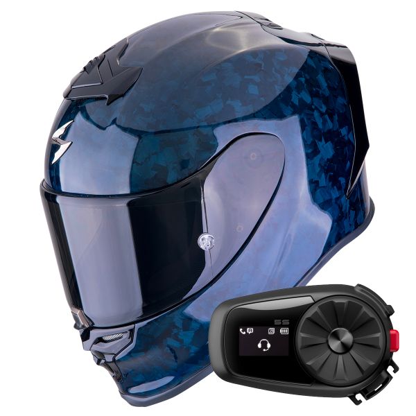 Casque Integral Scorpion Exo R1 Evo Carbon Air Onyx Blue + Kit Bluetooth 5S Solo Casque Integral Scorpion Exo R1 Evo Carbon Air Onyx Blue + Kit Bluetooth 5S Solo