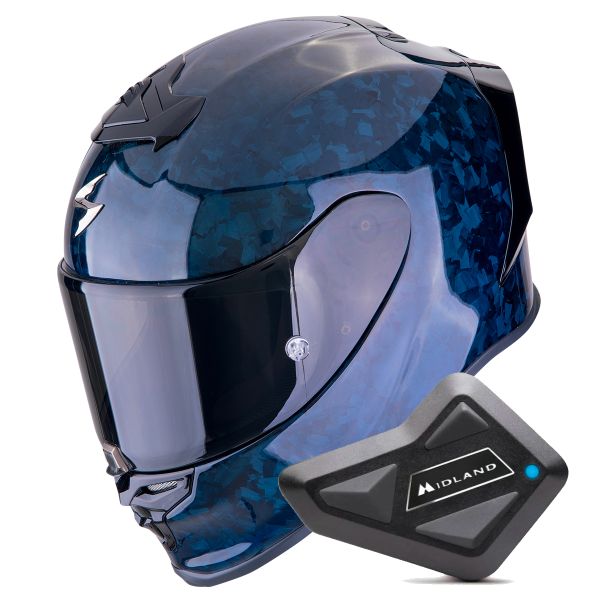 Casque Integral Scorpion Exo R1 Evo Carbon Air Onyx Blue + Kit Bluetooth BT Mini Casque Integral Scorpion Exo R1 Evo Carbon Air Onyx Blue + Kit Bluetooth BT Mini