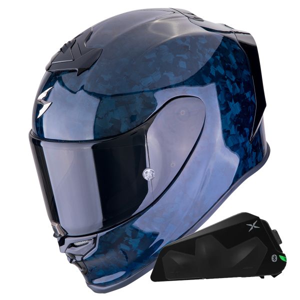 Casque Integral Scorpion Exo R1 Evo Carbon Air Onyx Blue + Kit bluetooth Exo-Com Link-1C Casque Integral Scorpion Exo R1 Evo Carbon Air Onyx Blue + Kit bluetooth Exo-Com Link-1C