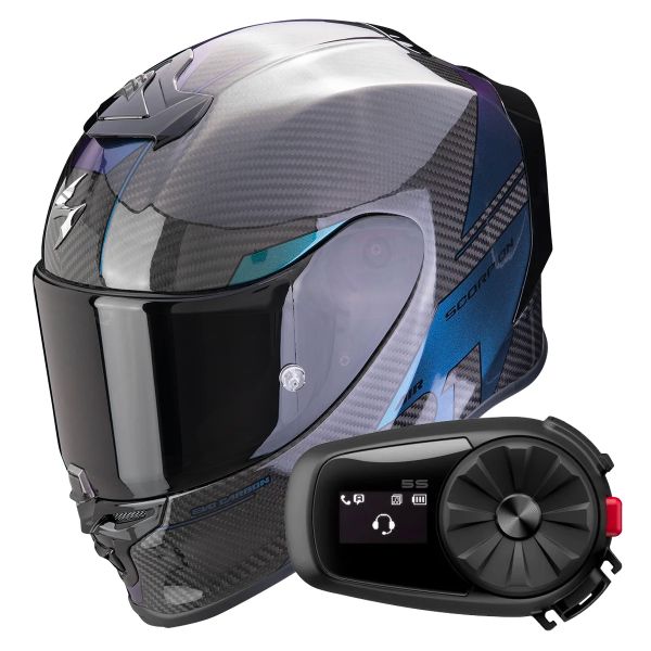 Casque Integral Scorpion Exo R1 Evo Carbon Air Rally Black Chameleon + Kit Bluetooth 5S Solo
