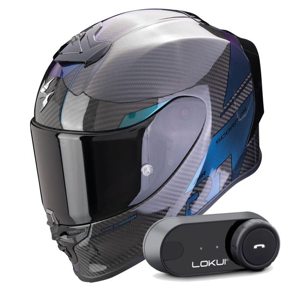 Casque Integral Scorpion Exo R1 Evo Carbon Air Rally Black Chameleon + Kit Bluetooth Lokui K30